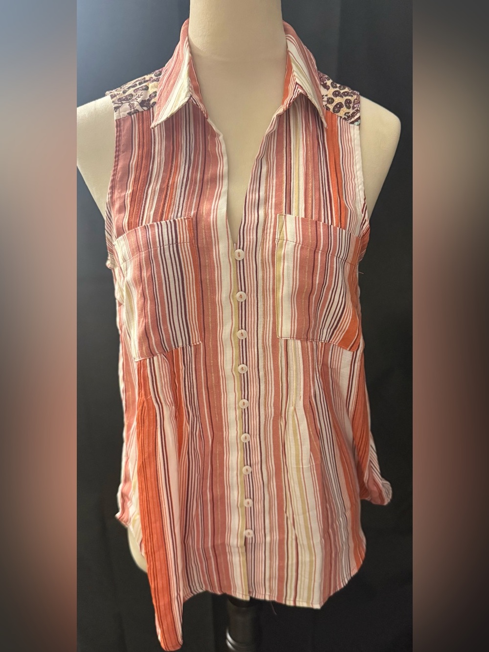 Striped Sleeveless Button-Front Women’s Top in Rust and Cream